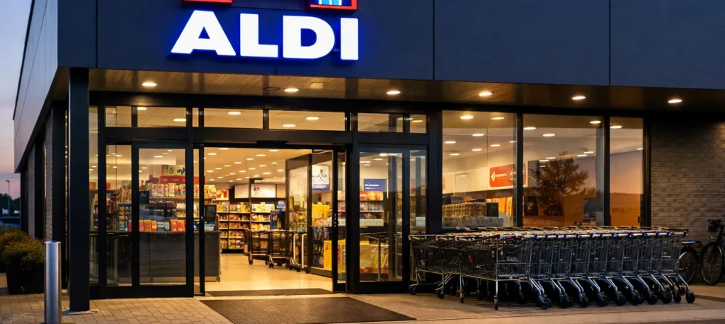 Voorkant van een ALDI-supermarkt in Uden bij avondlicht