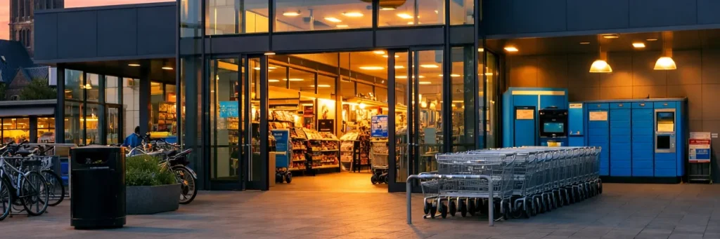Albert Heijn supermarkt in Uden bij zonsondergang