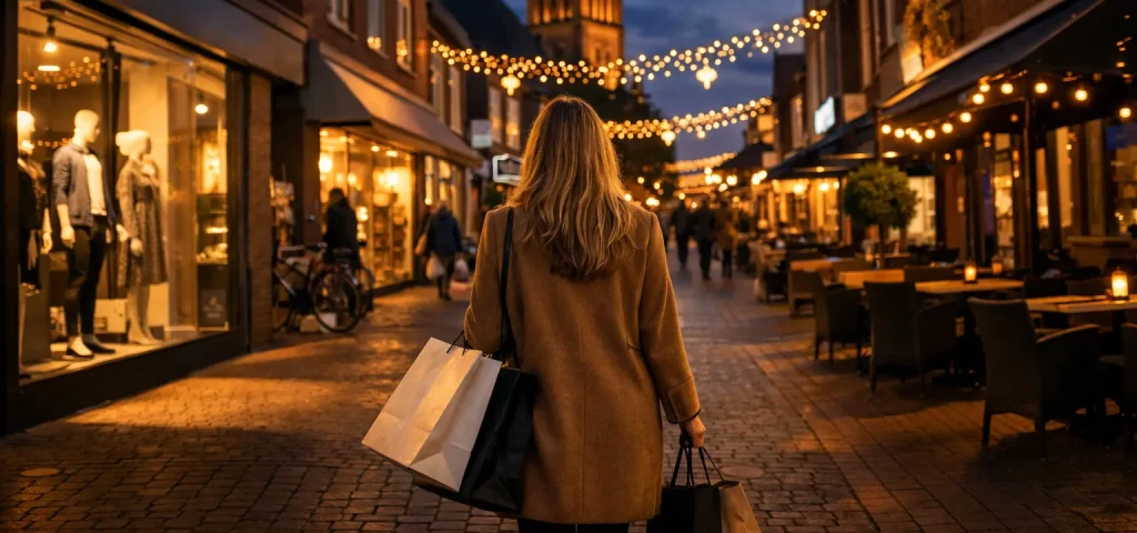 Sfeervolle winkelstraat in Uden tijdens koopavond met een shopper en warme avondverlichting.