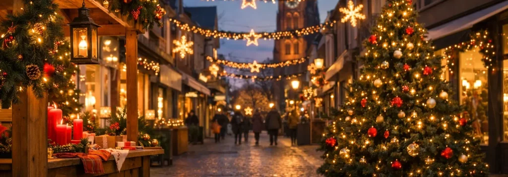 Verlichte winkelstraat in Uden met kerstdecoratie en kerstboom.