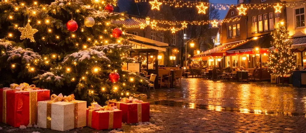Verlichte kerstboom op een plein in Uden tijdens de avond