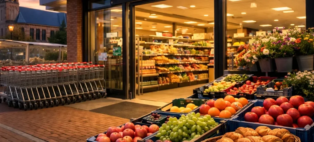 Realistische supermarkt in Uden bij zonsondergang