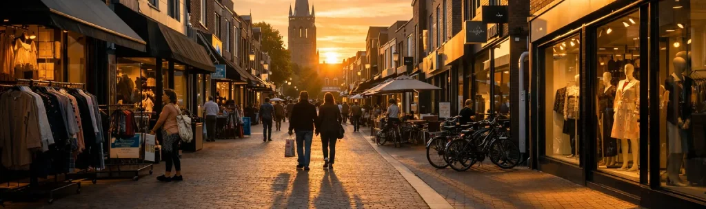 Winkelstraat in het centrum van Uden bij zonsondergang
