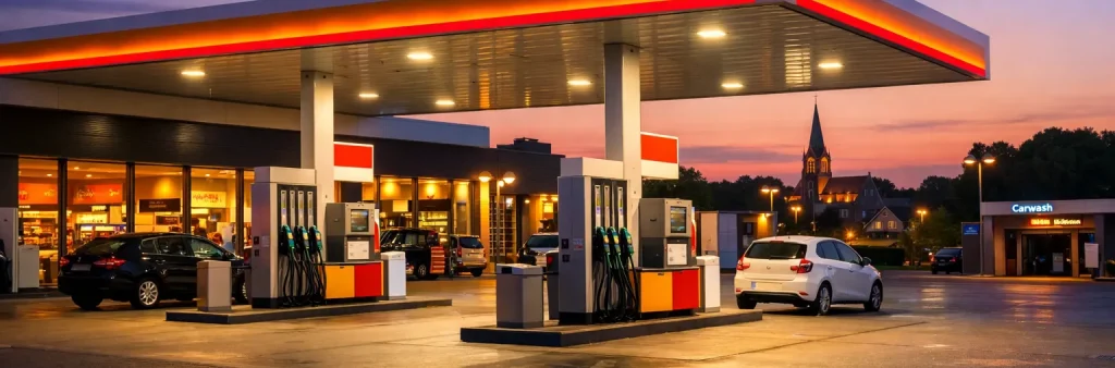 Verlicht tankstation in Uden tijdens de schemering