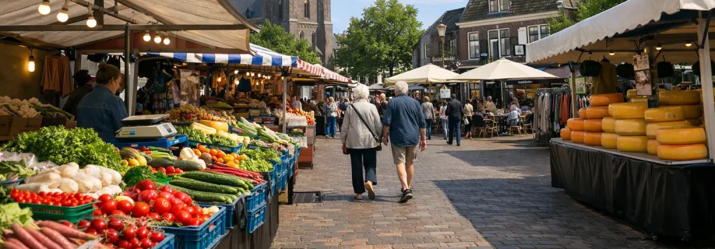 Sfeervolle weekmarkt in het centrum van Uden met marktkramen en shoppers.