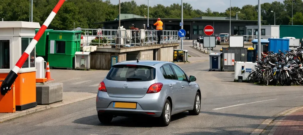 Realistische milieustraat in Uden met containers en bezoekers bij daglicht.